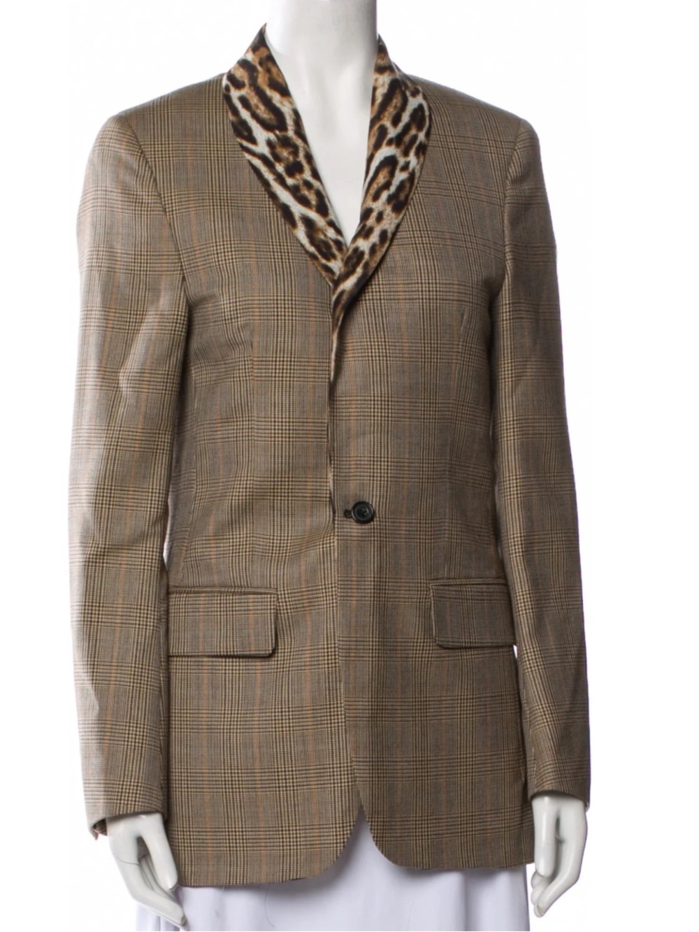 R13 Brown Plaid Blazer with Leopard-Print Shawl Collar